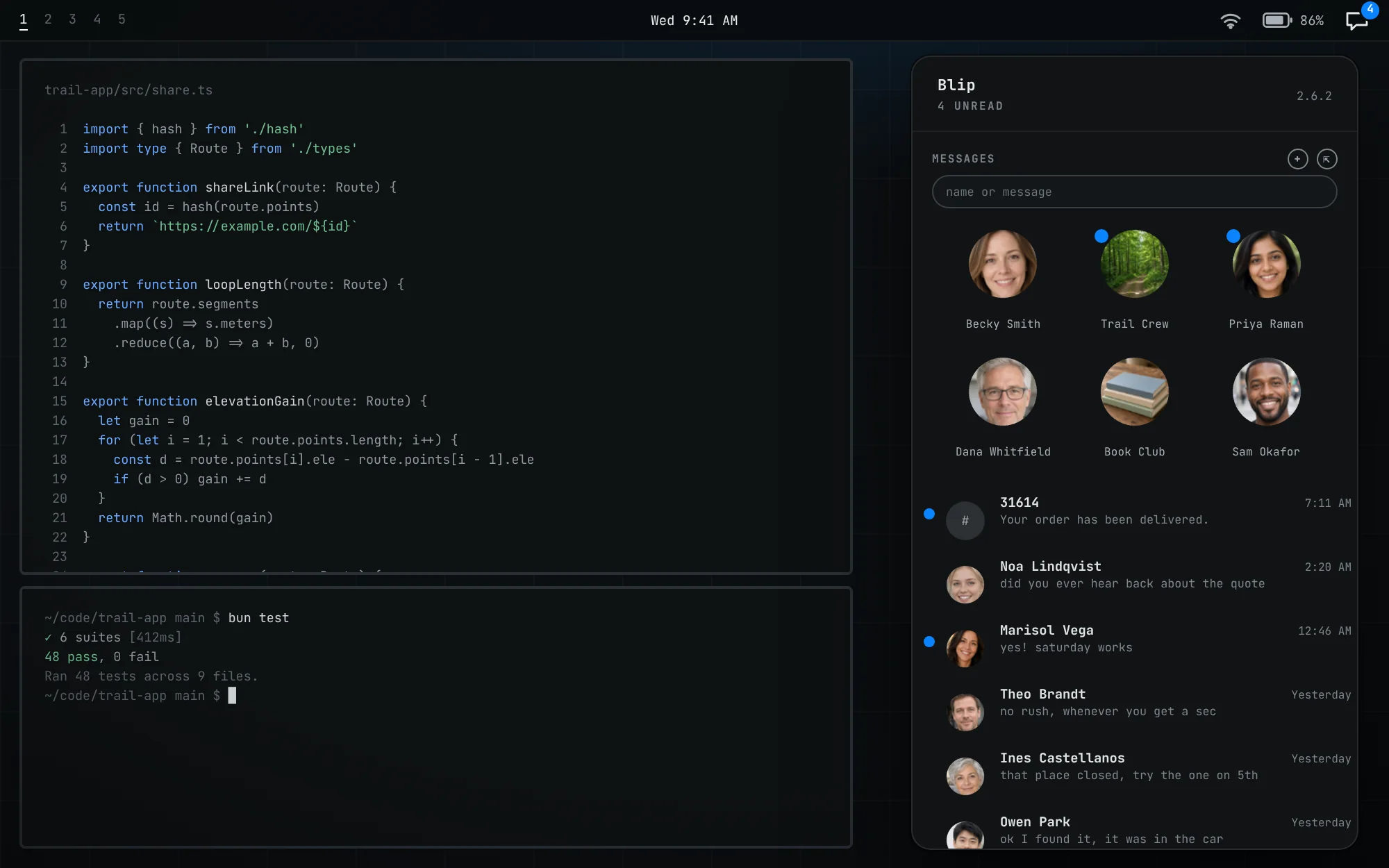 The Blip bar popout drawn with demo data: pinned conversation tiles above a list of threads, with blue dots on the ones that are unread, next to a code editor and a terminal