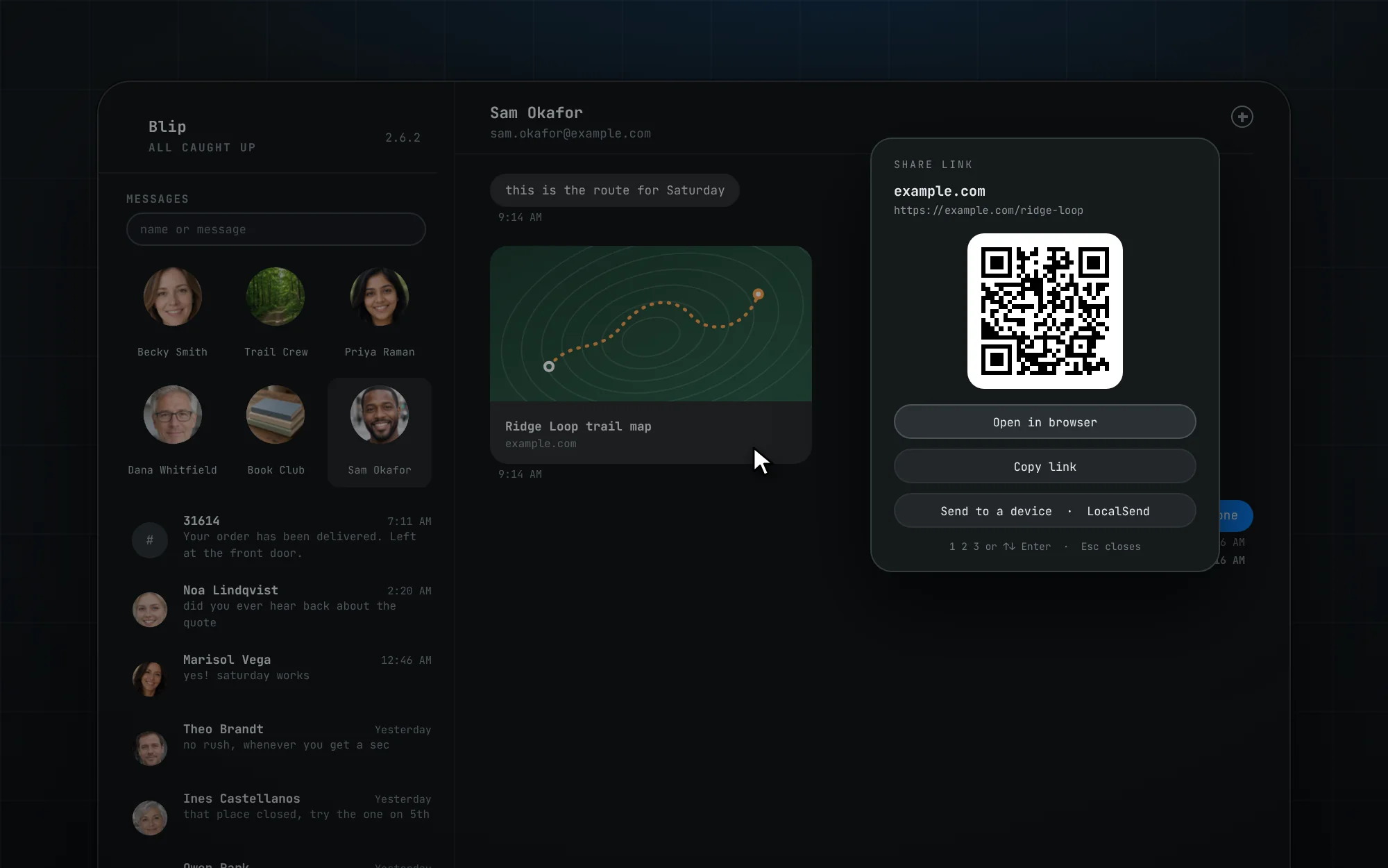 A link card in a Blip conversation drawn with demo data, with a share sheet open on it: open in browser, copy link, a QR code and send to a device